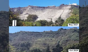 Two images of the hillside area above loma alta drive, the top image showing a burn scar from October 2021 and the bottom image showing the vegetation regrowth by May 2024