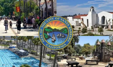 City of Santa Barbara Seal over images of State St., Santa Barbara Airport, Los Baños del Mar, and Kids' World Playground