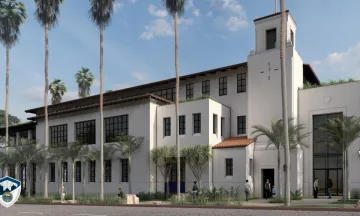 Santa Barbara Police Station Project Rendering with Seal of the City of Santa Barbara and SBPD