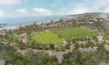 Rendering of Dwight Murphy Field depicting a renovated park with an all-abilities playground, multi-sport field, outdoor fitness area, picnic spots, walking paths with lighting, updated restrooms, and expanded parking.