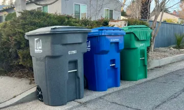 Trash cans on wheels on the curbside.