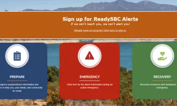 ReadySBC Webpage, Sign Up for ReadySBC Alert. Prepare, Emergency and Recovery information links.