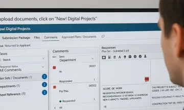 Image on man at computer submitting Plan Check Responses via DigEplan 