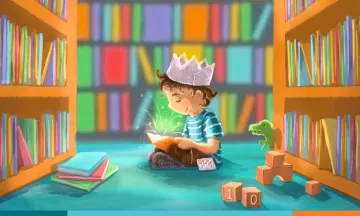 Drawing of child reading between shelves