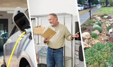 Image of Electric vehicle charging, heat pump water heater consultation, and storm water landscaping.