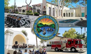 ACFR-2024 Cover Image. Showing State St., Library Plaza, Plaza del Mar Band Shell and Fire Engine