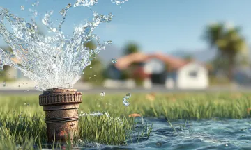 a broken sprinkler head that is flooding the lawn
