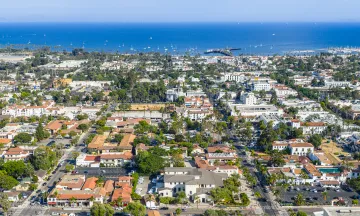 downtown santa barbara arial view panning from downtown towards the waterfront and showing the ocean
