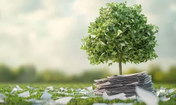 A tree standing on a pile of paper with paper scattered across the surrounding lawn