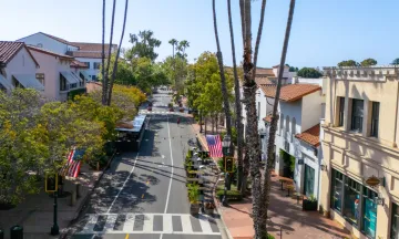 900-1100 Blocks of State Street lined with palm trees and American flags, featuring shops and crosswalks.