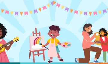 Digital art images of children playing ukulele, painting, and having their face painted