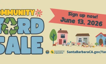 Flyer for the Santa Barbara Community Yard Sale, featuring bold yellow and blue text on a beige background. The event is scheduled for Saturday from 8 AM to 2 PM. Logos for the City of Santa Barbara Sustainability & Resilience program are included, along with a website link