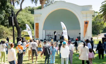 Attendees at the 2025 Juneteenth SB Band Shell dancing and listening to music.