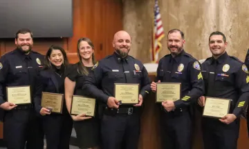 From left: Chief of Police Kelly Gordon, Officer Thomas Diefenthaler, Officer Rocio Alvarez, Officer Brittany Rohrs, Detective Saul Amezquita, Detective Sergeant Ethan Ragsdale, Detective Sergeant Rick Cipres, Detective Bryce Ford.