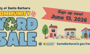 Flyer for the Santa Barbara Community Yard Sale, featuring bold yellow and blue text on a beige background. The event is scheduled for Saturday from 8 AM to 2 PM. Logos for the City of Santa Barbara Sustainability & Resilience program are included, along with a website link