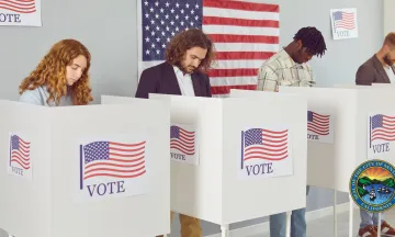 Voters at polling location with City Seal