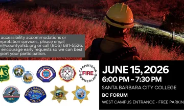  In the foreground, a firefighter wearing a yellow helmet looks toward the flames. The flyer invites South Coast residents to attend a presentation and community discussion about wildfire preparedness with local fire officials, law enforcement, public safety agencies, and community resource organizations.