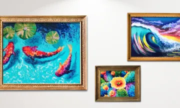 Collage of paintings in gold frames