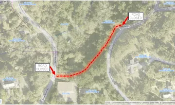 Aerial map denoting where the road closures on Mountain Drive begin and end.