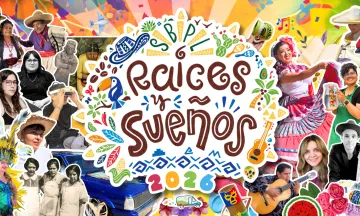 Raíces y Sueños logo over a collage of speakers, artist and event highlighting Hispanic heritage.