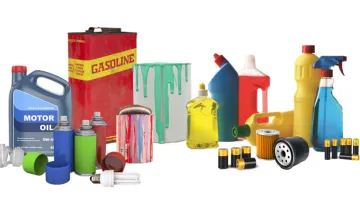 Household hazardous waste items, including motor oil, gasoline, paint, cleaning products, pesticides, fluorescent bulbs, batteries, and automotive filters.