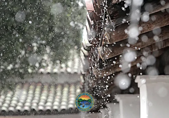 Image of rain splattering off historic Santa Barbara building