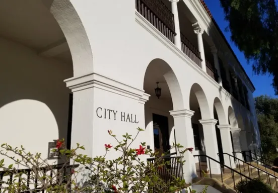 City Hall steps and entrance at De la Guerra Plaza