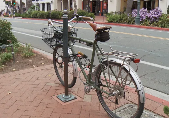 Image of a bike locked to a bicycle hitching post on State Street. 
