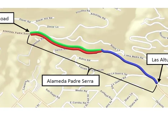 Map of paving area for Alameda Padre Serra on March 25-March 28, 2024