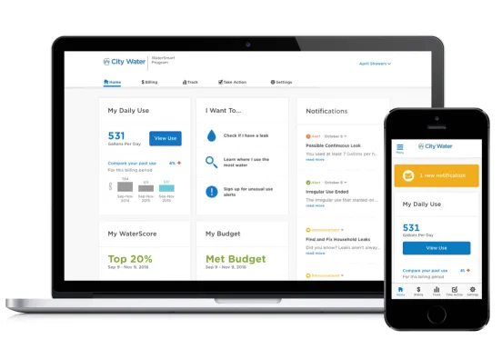 A laptop and mobile device displaying WaterSmart Dashboard