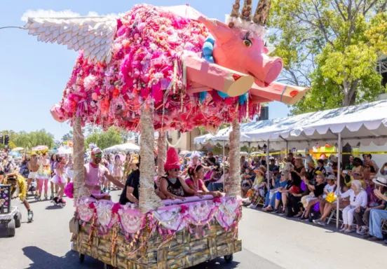 Flying Pig in front of the VIP sections of the parade. Courtesy: Summer Solstice Celebration.