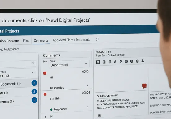 Image on man at computer submitting Plan Check Responses via DigEplan 
