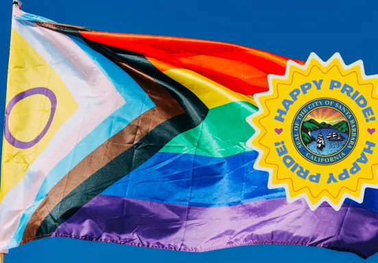 Progress Pride Flag with Happy Pride text and City seal.