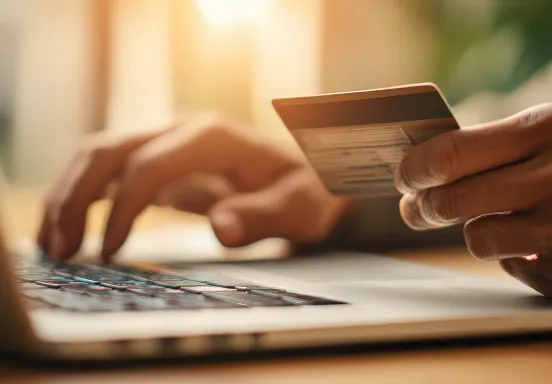 A person holding a credit card in one hand while typing with the other hand on a laptop computer
