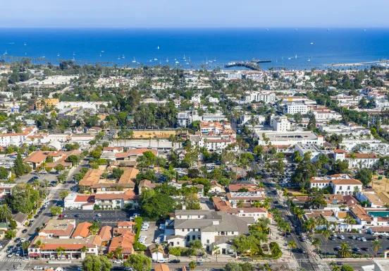 downtown santa barbara arial view panning from downtown towards the waterfront and showing the ocean