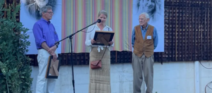 Nicole Hernandez, Architectural Historian, MFA, accepting her award. William T. Mahan, FAIA, award recipient on the right. Steve Hausz, President, Treasurer, The Santa Barbara Conservancy (and Vice Chair of the Historic Landmarks Commission), on the left. 