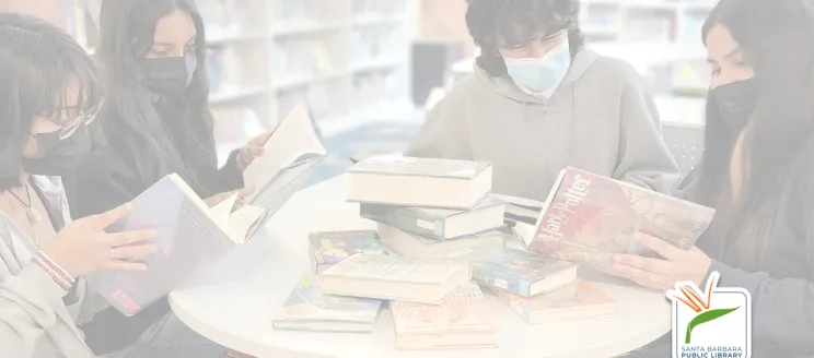 This image shows a group of teens sitting around a table engaged in a friendly discussion with the SBPL Library logo