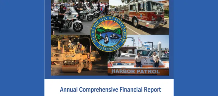 Cover of Annual Comprehensive Financial Report with images of Police on motorcycles, a City Fire engine, construction workers and equipment and the Harbor Patrol