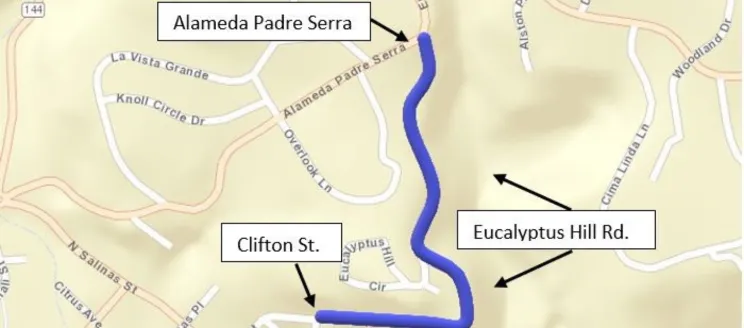 Map of the paving area showcasing Alameda Padre Serra to Clifton Street and Eucalyptus Hill Road. 