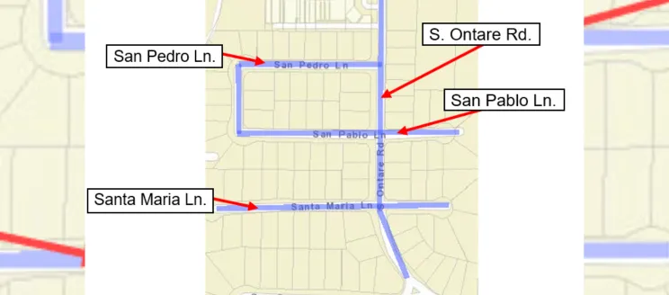 Map showing the construction area, including South Ontare Road, San Pedro Lane, San Pablo Lane, and Santa Maria Lane