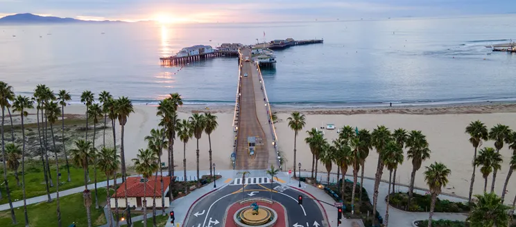 Beauty shot of Stearns Wharf looking out at the ocean during the winter months during sunrise