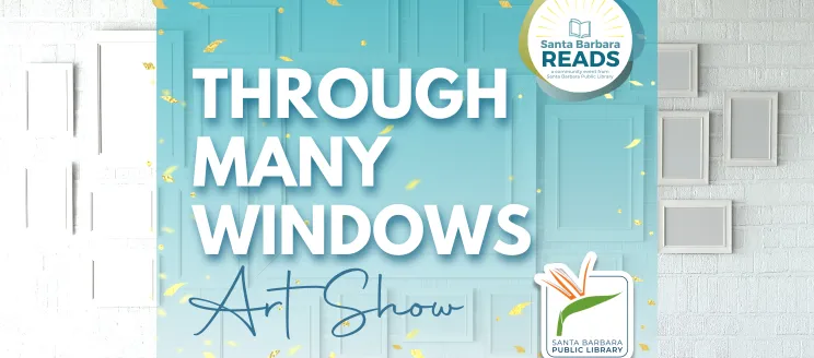 Blue graphic with white text that reads "Through Many Windows Art Show"