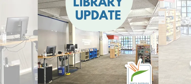 Image shows desks and computers with bookshelves and text that reads "Library Closed" 