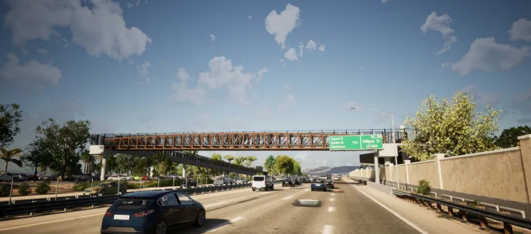 Image shows cars driving under the U.S. Highway 101 overcrossing between the Lower Eastside and Dwight Murphy Field