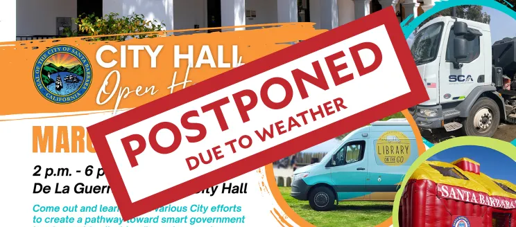 Event flyer showing City Hall, a Public Works Vehicle and the Fire Safety House with a "Postponed for Weather" sticker over the graphics