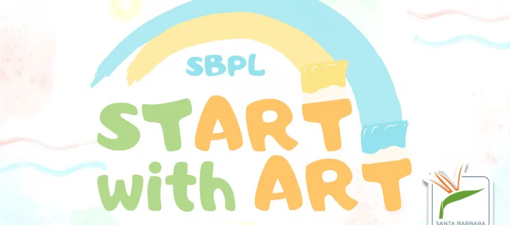 Graphic that reads "Start with Art" in the shape of a rainbow in pastel blue, green and orange