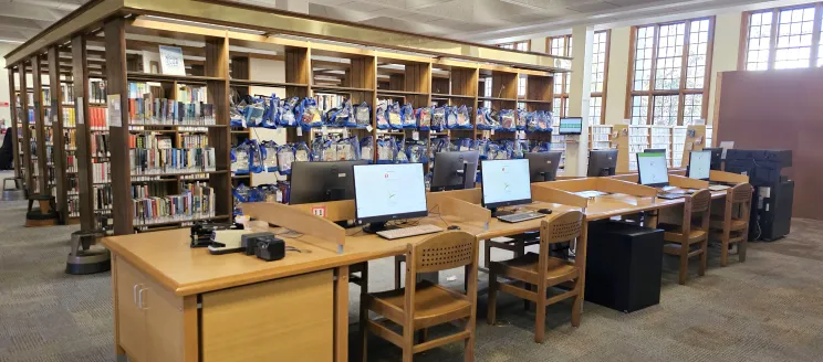 Image shows the main level of the Central Library reopened with computers 