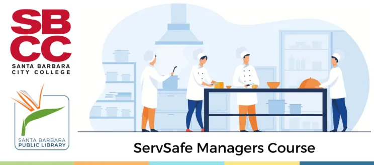 Image depicts an illustration of four people working in a kitchen in chefs hats and jackets with the SBCC and Library logo