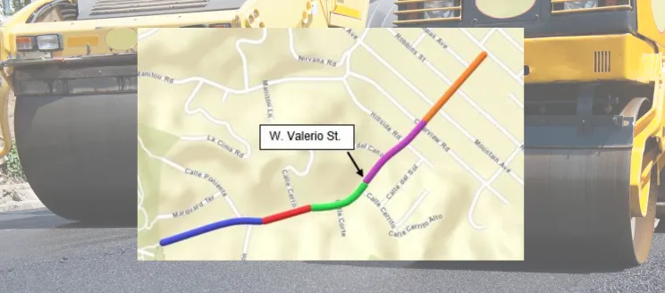 Image shows a map of W Valerio Street with yellow paving machines in the background