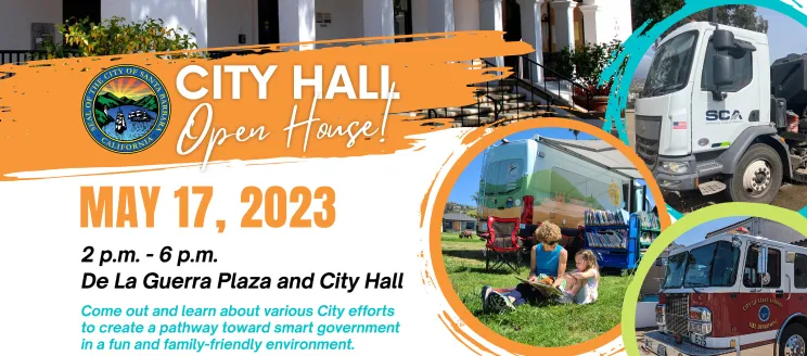 Graphic shows the exterior of City Hall, a public works truck, the Library on the Go Van and a fire truck with event info. 